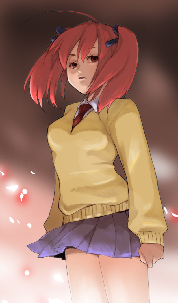 kari (kakko k), original, ahoge, hair ornament, hair ribbon, miniskirt, necktie, pink hair, pleated skirt, red eyes, red hair, ribbon, school uniform, short hair, skirt, solo, sweater, twintails
