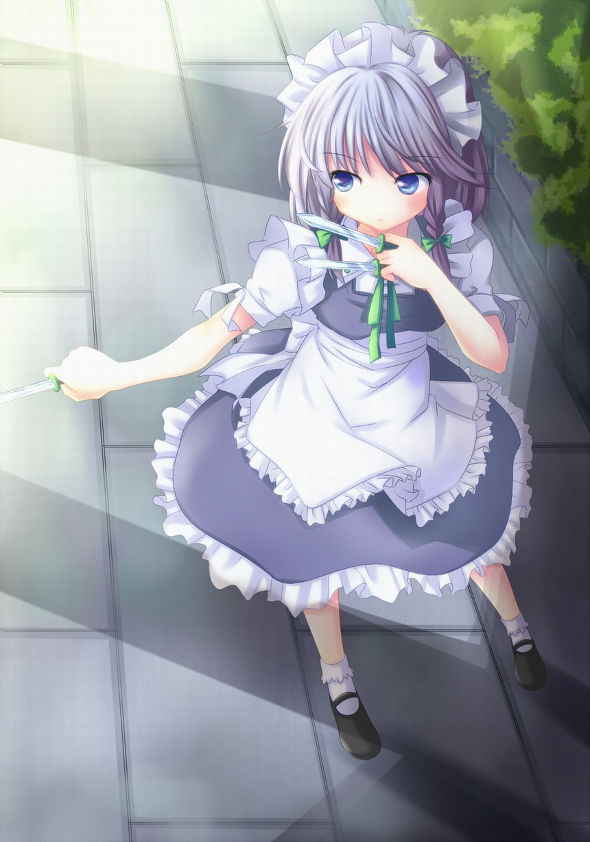vinashyra, izayoi sakuya, touhou, silver hair, highres, 1girl, blue eyes, braid, female focus, full body, knife, maid, nature, outdoors, plant, solo, throwing knife, twin braids, weapon