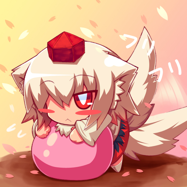raion-san, inubashiri momiji, touhou, 1girl, :<, animal ears, ball, bent over, blush, chibi, female focus, full body, gradient background, hat, red eyes, solo, standing, tail