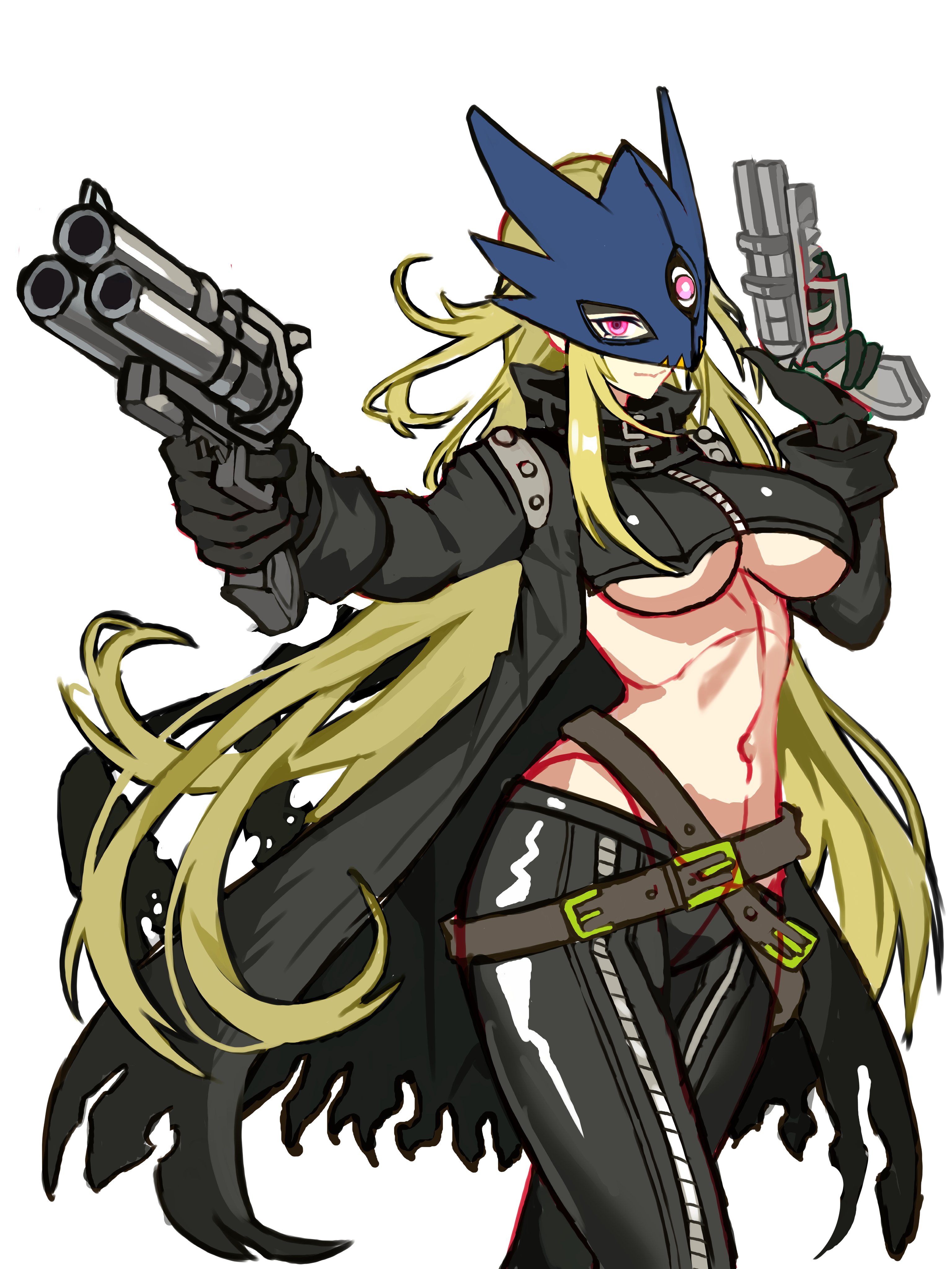 currynoodle art, beelstarmon, digimon, digimon story: time stranger, absurdres, highres, 1girl, belt, black coat, black gloves, black pants, blonde hair, breasts, coat, digimon (creature), eye mask, gloves, gun, holding, holding weapon, large breasts, long hair, mask, navel, pants, simple background, smile, solo, third eye, underboob, weapon