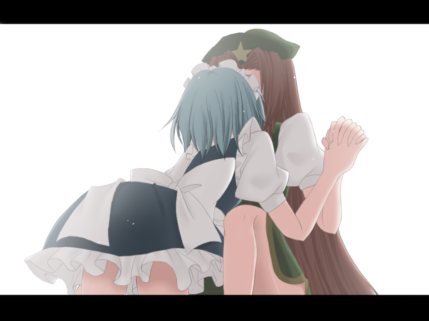 abyss713, hong meiling, izayoi sakuya, embodiment of scarlet devil, touhou, 2girls, female focus, holding hands, letterboxed, multiple girls, simple background, yuri