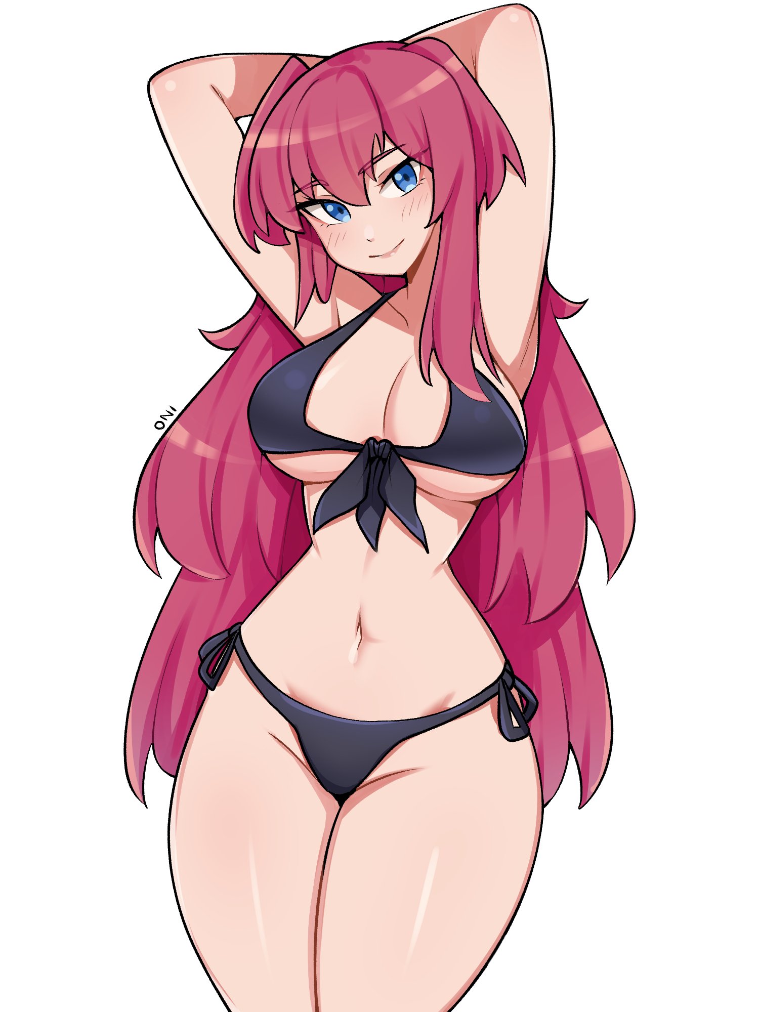 oninuer, original, commentary, commission, english commentary, highres, 1girl, arms behind head, arms up, bikini, black bikini, blue eyes, breasts, choppy bangs, closed mouth, cowboy shot, groin, hair between eyes, large breasts, long hair, looking at viewer, navel, pink hair, simple background, smile, solo, stomach, swimsuit, thighs, white background