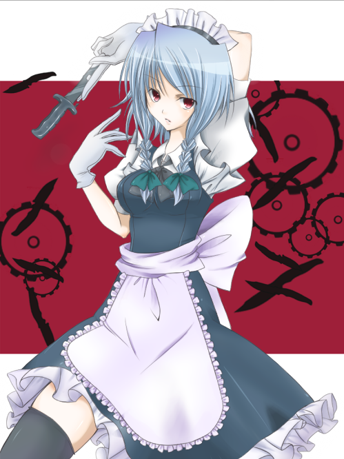 abyss713, izayoi sakuya, touhou, 1girl, braid, breasts, female focus, gloves, knife, maid, maid headdress, red eyes, short hair, solo, thighhighs, throwing knife, twin braids, weapon, white background, zettai ryouiki