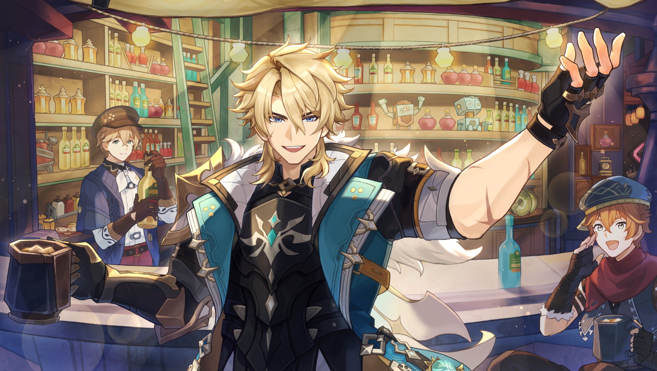suitchi (gn4othi61), varka (genshin impact), genshin impact, highres, 3boys, aqua jacket, black gloves, black shirt, blonde hair, blue eyes, bottle, brown gloves, cup, fingerless gloves, gloves, guest art, hat, holding, holding cup, jacket, long hair, long sleeves, male focus, multiple boys, open mouth, scar, scar on arm, shirt, wine bottle