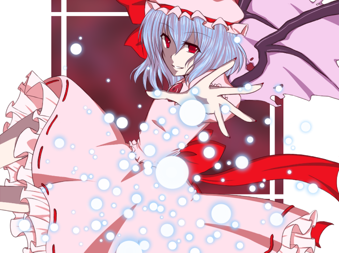 abyss713, remilia scarlet, touhou, silver hair, 1girl, bat wings, cowboy shot, danmaku, dress, female focus, hat, looking at viewer, mob cap, outstretched arm, pink dress, puffy short sleeves, puffy sleeves, red eyes, short sleeves, simple background, solo, upper body, vampire, white background, wings