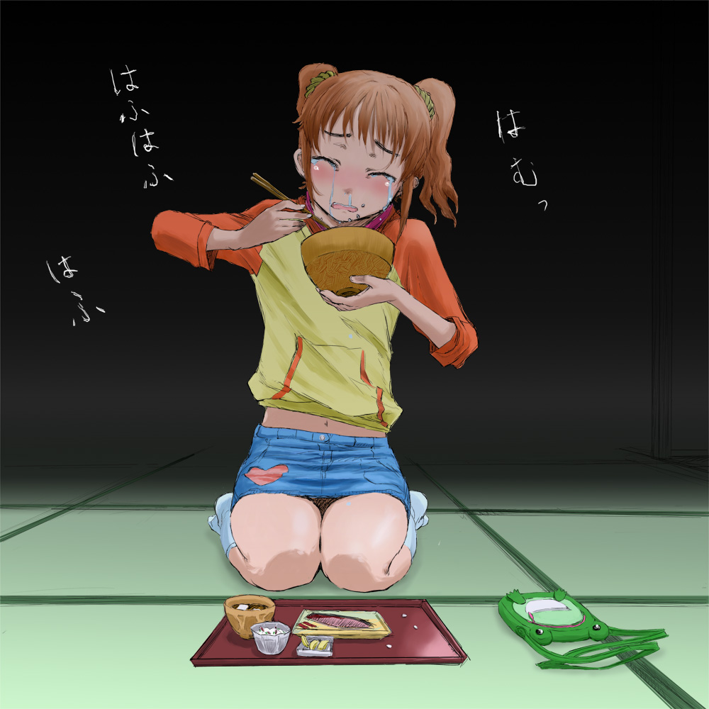 cif, takatsuki yayoi, idolmaster, idolmaster (classic), idolmaster 1, translation request, 00s, 1girl, bowl, brown hair, chopsticks, closed eyes, crying, eating, female focus, food, paku paku mogu mogu, poverty, raglan sleeves, sad, snot, solo, tears, twintails