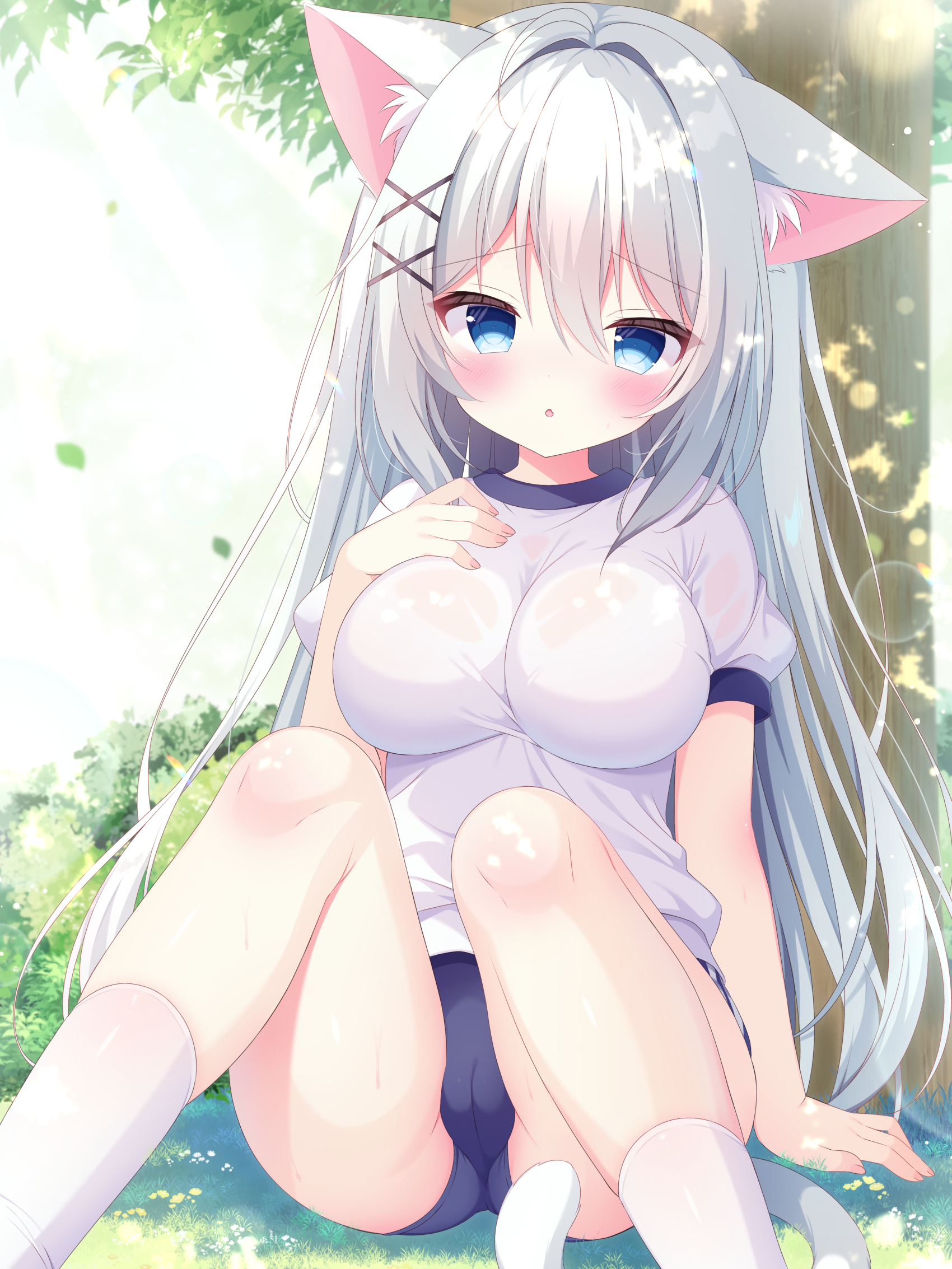 nekoboshi yuki, original, commentary request, commission, highres, skeb commission, 1girl, :o, animal ear fluff, animal ears, blue buruma, blush, breasts, buruma, cat ears, cat girl, cat tail, feet out of frame, grey hair, gym uniform, hair between eyes, hair intakes, hair ornament, hand on own chest, impossible clothes, impossible shirt, knees up, large breasts, long hair, open mouth, shirt, short sleeves, sitting, socks, solo, tail, white shirt, white socks, x hair ornament