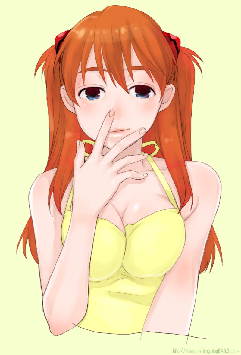 kari (kakko k), souryuu asuka langley, neon genesis evangelion, rebuild of evangelion, 00s, 1girl, blue eyes, breasts, cleavage, dress, female focus, finger to mouth, hair ornament, hairclip, large breasts, long hair, orange hair, solo, upper body, yellow dress