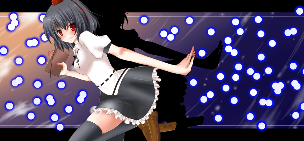 abyss713, shameimaru aya, touhou, 1girl, blush, danmaku, female focus, geta, hat, letterboxed, looking at viewer, smile, solo, tengu-geta, thighhighs, zettai ryouiki