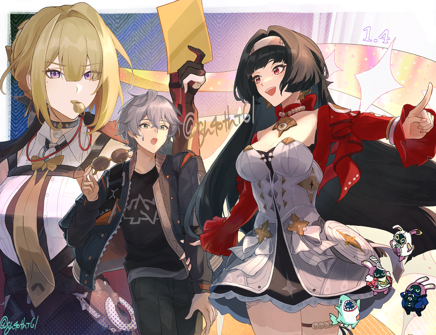 suitchi (gn4othi61), astra yao, eous (zenless zone zero), evelyn chevalier, wise (zenless zone zero), zenless zone zero, 1boy, 2girls, black hair, black jacket, black pants, black shirt, blonde hair, breasts, brown necktie, dress, grey hair, hairband, holding, holding removed eyewear, jacket, long hair, medium breasts, mouth hold, multiple girls, necktie, open mouth, pants, purple eyes, red eyes, red jacket, shirt, unworn eyewear, whistle, white dress, white hairband