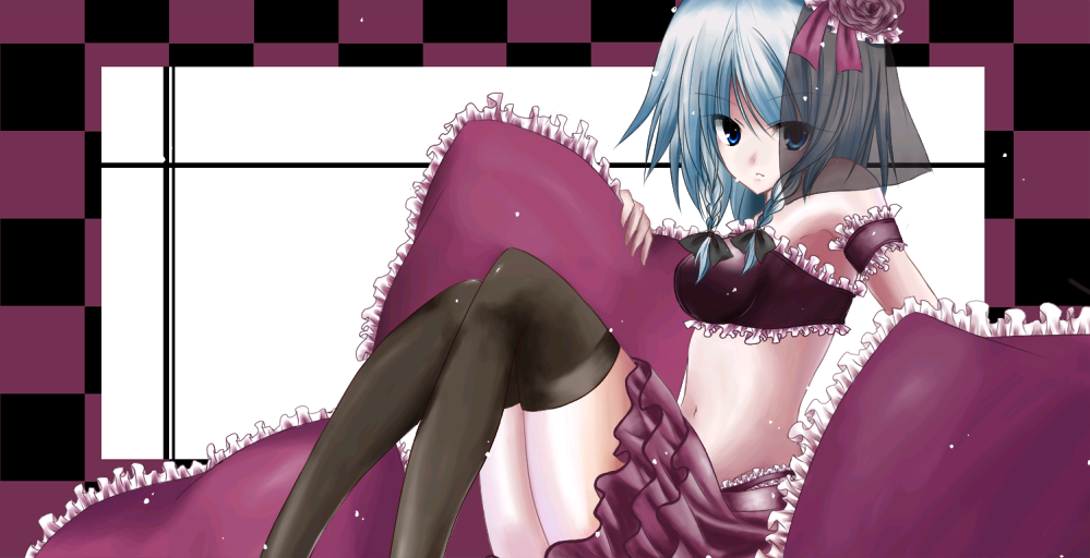abyss713, izayoi sakuya, touhou, 1girl, blue eyes, blue hair, braid, breasts, female focus, matching hair/eyes, midriff, sitting, skirt, solo, thighhighs, twin braids