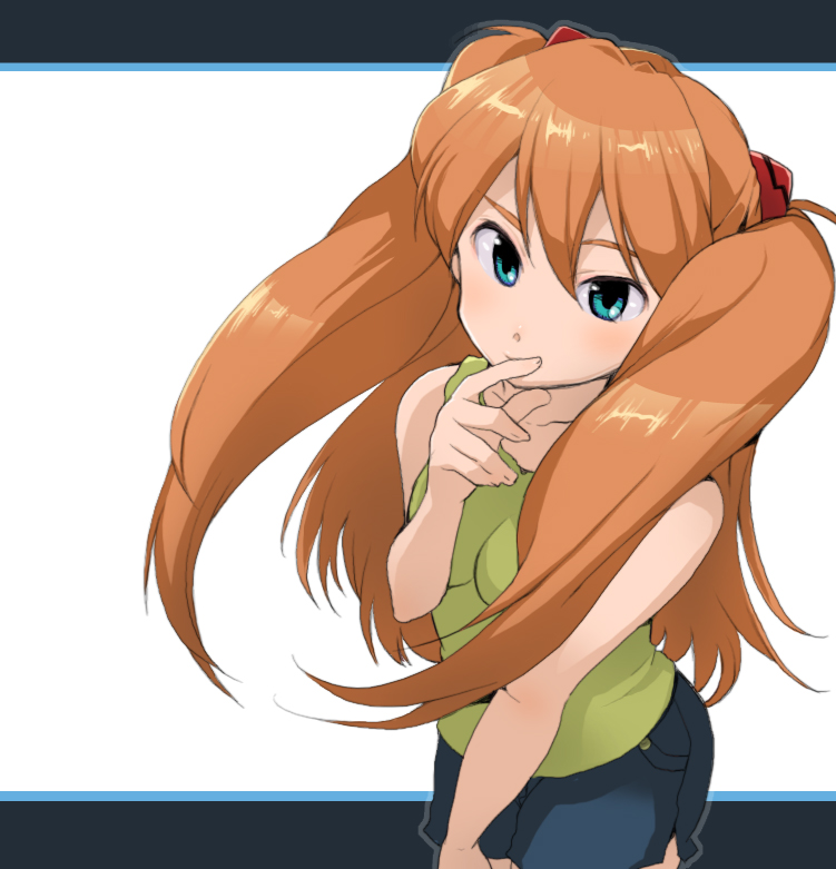 kari (kakko k), souryuu asuka langley, neon genesis evangelion, bad id, bad pixiv id, blue eyes, finger to mouth, hair ornament, hairclip, long hair, shorts, solo, tank top, twintails, two side up