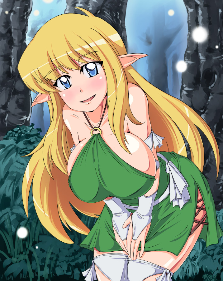 raikoh, shimazu tekkou, tiffania westwood, zero no tsukaima, bad id, bad pixiv id, 00s, 1girl, bent over, blonde hair, blue eyes, blush, breasts, bridal gauntlets, cleavage, elf, female focus, halterneck, huge breasts, large breasts, leaning forward, long hair, pointy ears, solo, thighhighs