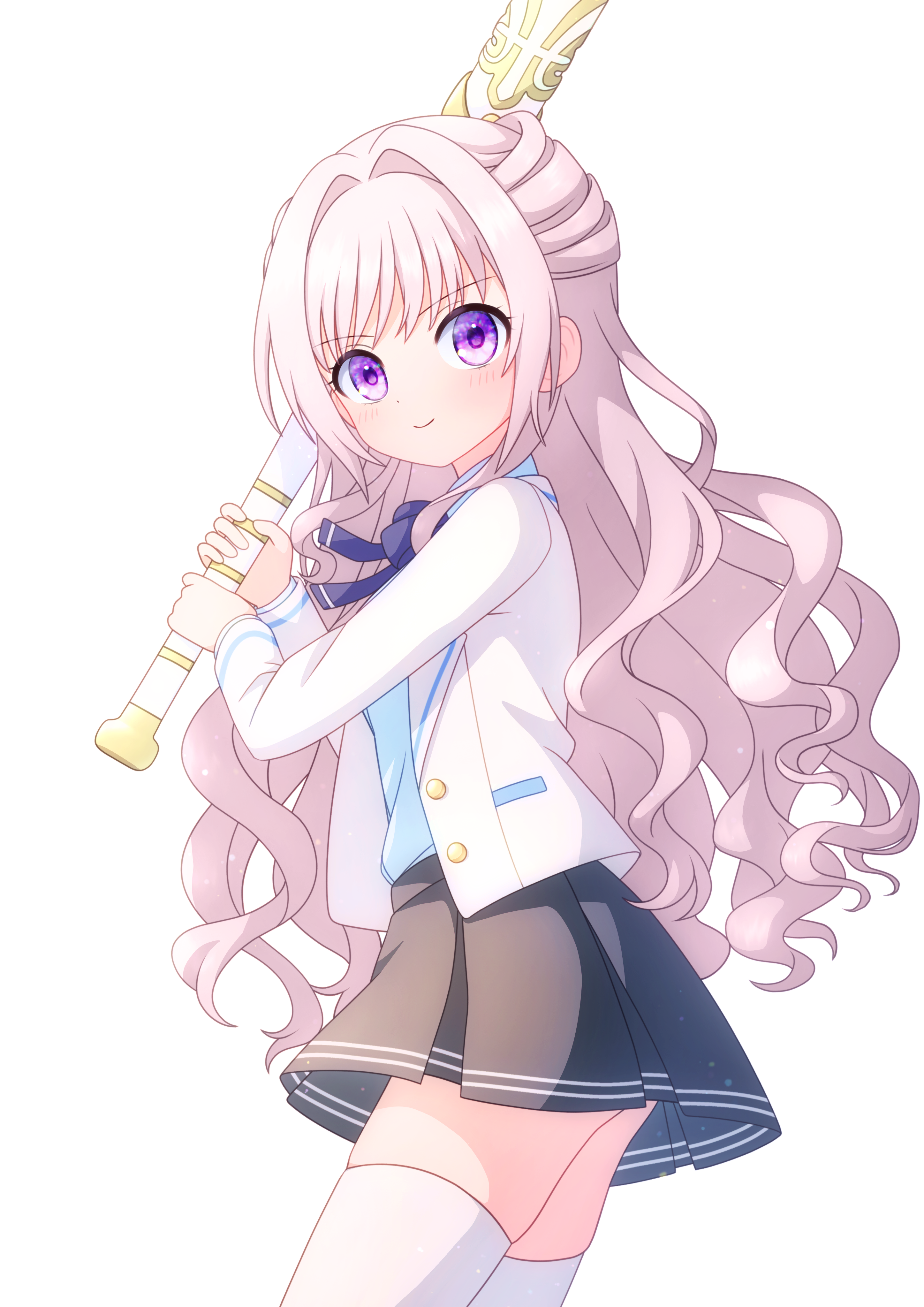 katsuonoeboebo, mahou shoujo madoka magica, mahou shoujo madoka magica magia exedra, absurdres, highres, 1girl, baseball bat, blazer, holding, holding baseball bat, jacket, magical girl, pink hair, pleated skirt, purple eyes, skirt, smile, thighhighs, white background, white thighhighs, yoake sumire