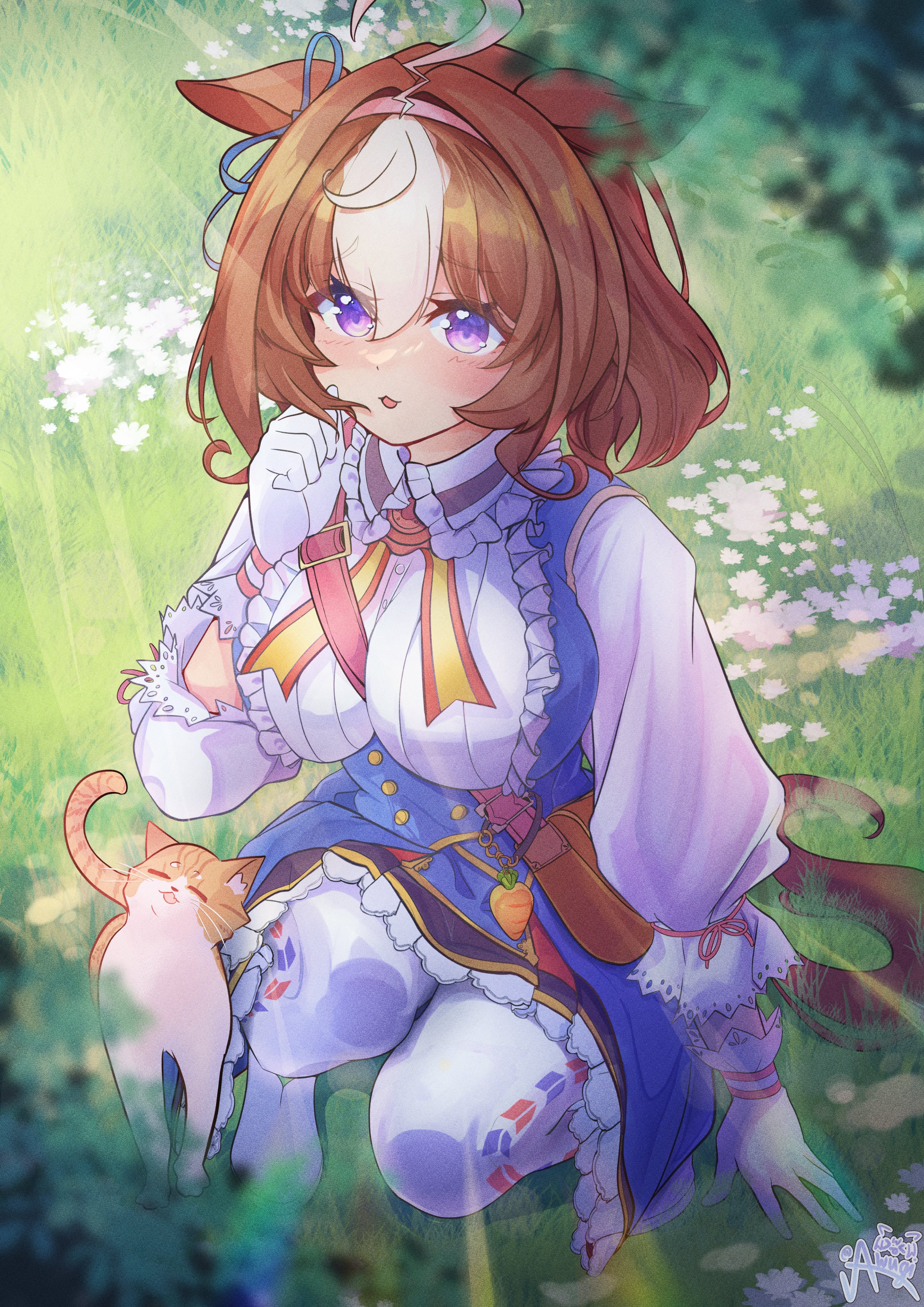 awooogie, meisho doto (turbulent blue) (umamusume), meisho doto (umamusume), meto (cat), umamusume, absurdres, highres, 1girl, ahoge, animal ears, bag, between breasts, blue dress, blush, bow, breasts, brown hair, cat, double-parted bangs, dress, ear ribbon, flower, gloves, grass, hair between eyes, hairband, headband, horse ears, horse girl, horse tail, large breasts, long sleeves, looking at viewer, medium hair, multicolored hair, open mouth, pantyhose, pink hairband, pink headband, purple eyes, short hair, shoulder bag, smile, strap between breasts, tail, two-tone hair, white dress, white gloves, white hair, white pantyhose