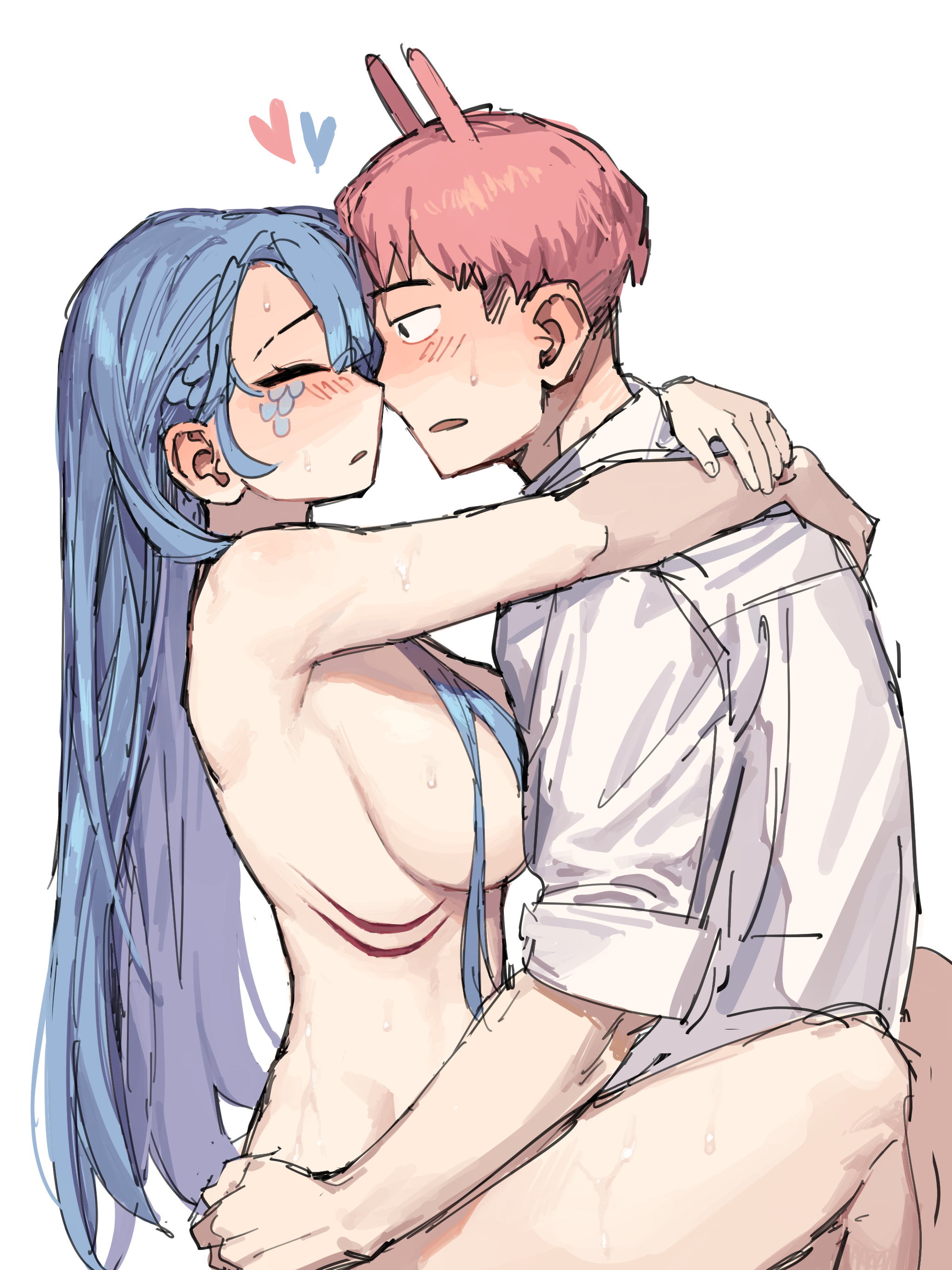 ganggohan, doctor (shady research report), kim junsu, shady research report, absurdres, highres, 1boy, 1girl, arms around neck, blue hair, blush, breast press, breasts, closed eyes, clothed male nude female, ear blush, face-to-face, fish girl, gills, hair over breasts, heart, hetero, large breasts, leg lock, long hair, looking at another, nude, parted lips, pink hair, scales, simple background, sweat, very long hair, white background