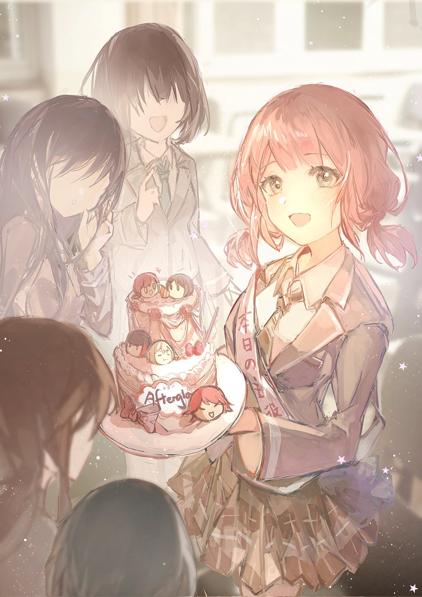 aoba moca, hazawa tsugumi, mitake ran, udagawa tomoe, uehara himari, bang dream!, highres, 5girls, ^ ^, afterglow (bang dream!), brown necktie, brown skirt, cake, closed eyes, diagonal-striped clothes, diagonal-striped necktie, food, green eyes, grey jacket, haneoka school uniform, happy birthday, holding, jacket, looking at viewer, low twintails, multiple girls, necktie, nkc, open mouth, pink hair, pleated skirt, school uniform, skirt, striped clothes, twintails