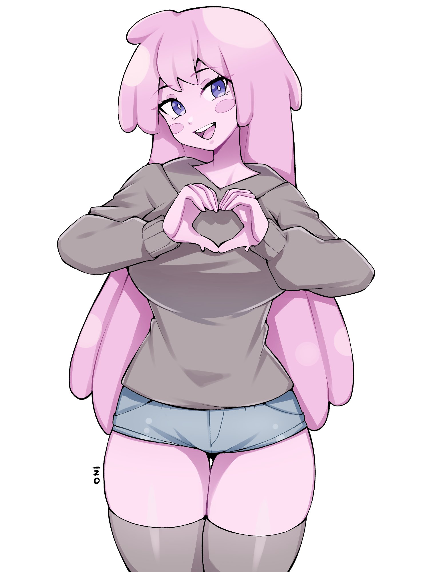 oninuer, original, commentary, commission, english commentary, highres, 1girl, blue shorts, blush stickers, breasts, bright pupils, choppy bangs, colored skin, cowboy shot, grey hoodie, grey thighhighs, hands up, heart, heart hands, hood, hood down, hoodie, large breasts, long hair, long sleeves, looking at viewer, monster girl, open mouth, pink hair, pink skin, purple eyes, short shorts, shorts, simple background, skindentation, slime girl, smile, solo, thick thighs, thighhighs, thighs, white background, white pupils