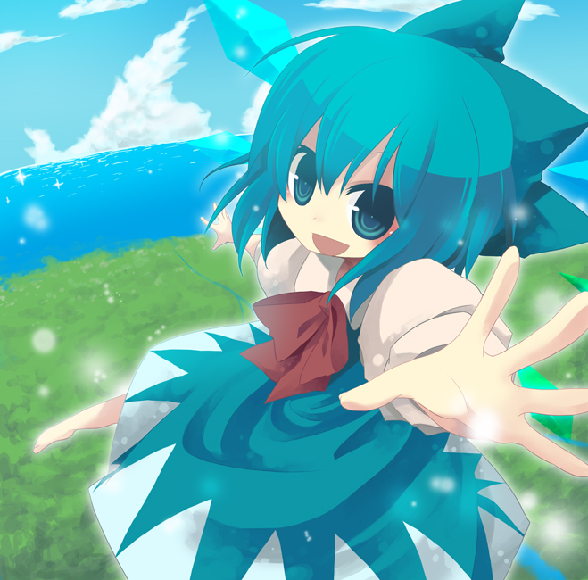 yuzuki gao, cirno, embodiment of scarlet devil, team shanghai alice, touhou, 1girl, barefoot, blue eyes, blue hair, bow, cloud, day, dress, fairy, female focus, flying, foreshortening, forest, horizon, matching hair/eyes, nature, ocean, open mouth, outdoors, outstretched arms, ribbon, river, sky, smile, solo, spread arms