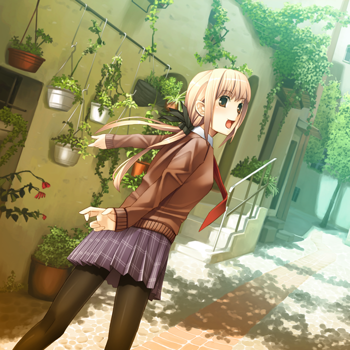 goe, bad id, bad pixiv id, blonde hair, brown eyes, pantyhose, plaid clothes, plaid skirt, plant, potted plant, ribbon, skirt, solo, sweater