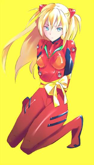 ayamoto, souryuu asuka langley, neon genesis evangelion, blonde hair, blue eyes, full body, hair between eyes, hair ornament, hairclip, long hair, mecha pilot suit, plugsuit (evangelion), ribbon, simple background, sitting, solo, thighs, two side up, v-shaped eyebrows, valentine, yellow background