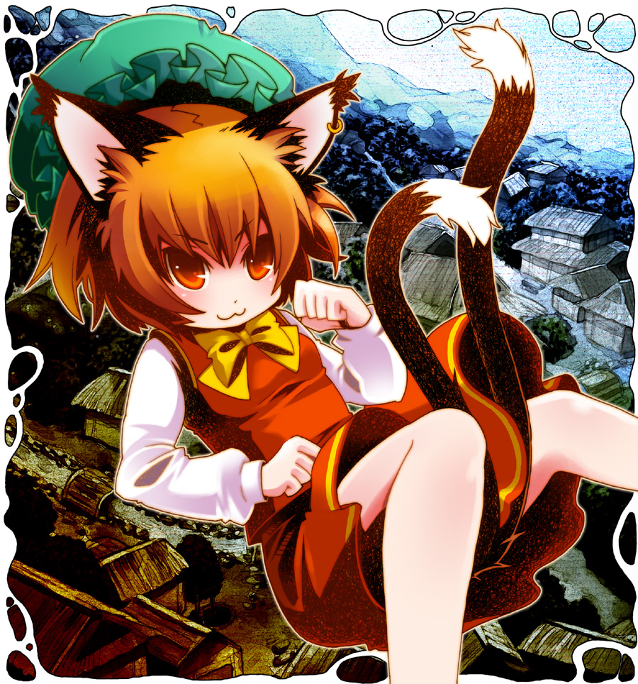 moonyan, chen, touhou, 1girl, :3, animal ears, brown hair, cat ears, cat girl, dress, earrings, falling, female focus, hat, jewelry, outdoors, red eyes, sky, solo