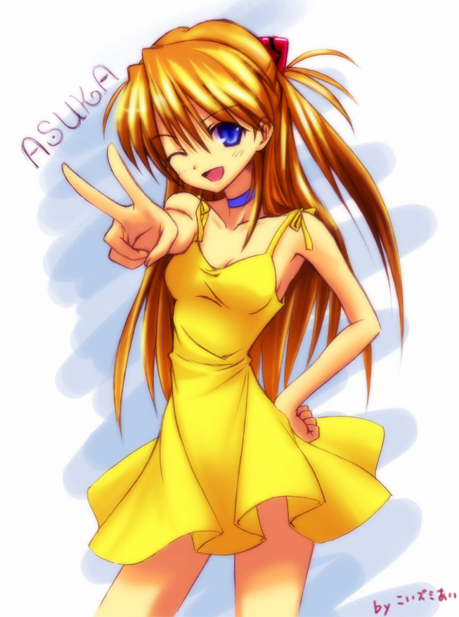 koiai, koizumi ai, nou ai, souryuu asuka langley, neon genesis evangelion, bad id, bad pixiv id, 1girl, blue eyes, character name, choker, dress, female focus, long hair, one eye closed, orange hair, skirt, solo, v, wink, yellow dress, yellow skirt