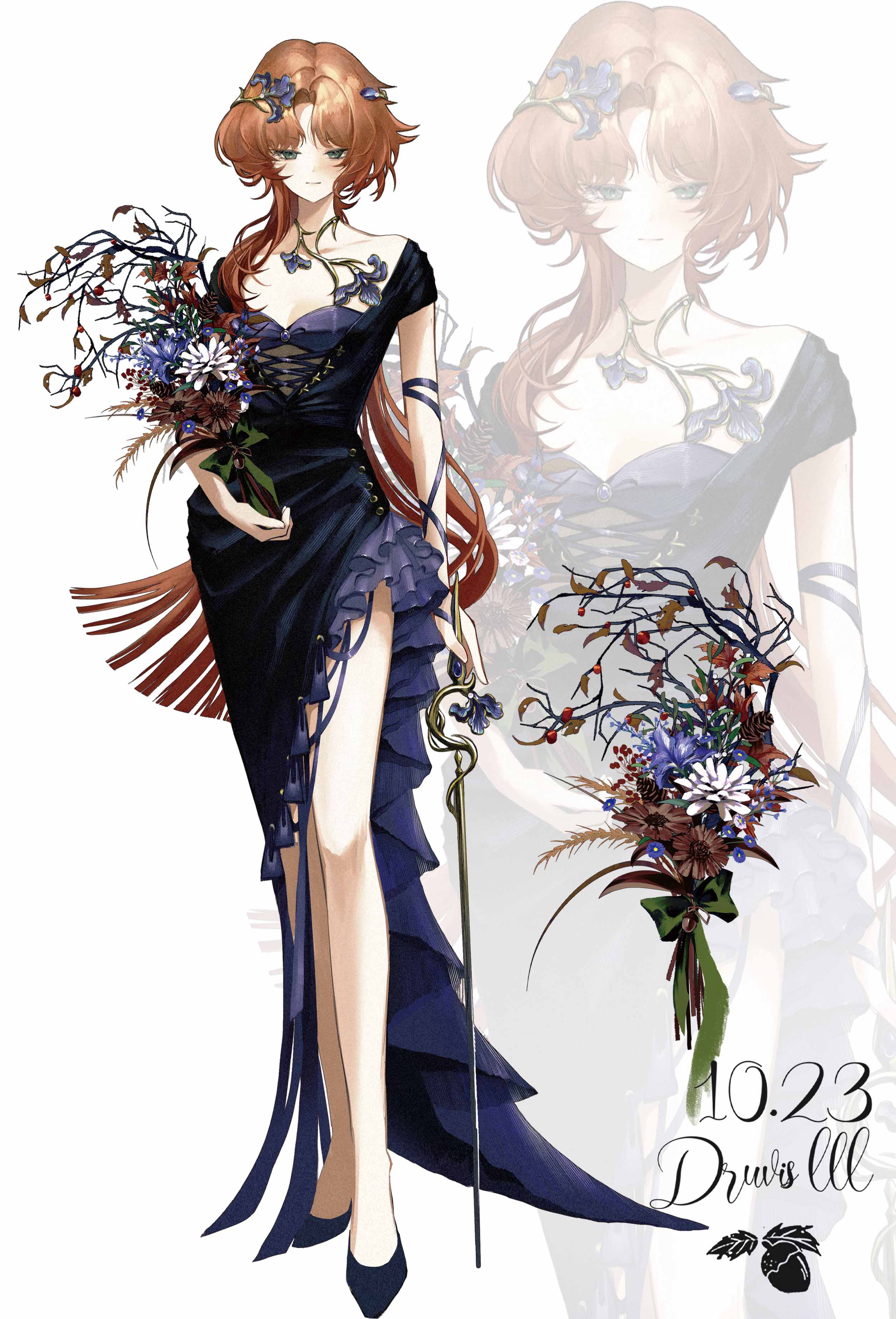xiao xiazi, druvis iii, reverse:1999, absurdres, highres, 1girl, alternate costume, black dress, black shoes, bouquet, cane, character name, closed mouth, dress, flower, full body, green eyes, hair flower, hair ornament, holding, holding bouquet, holding cane, light smile, long dress, long hair, looking at viewer, orange hair, purple flower, shoes, short sleeves, side slit, smile, solo, standing, very long hair, white flower, zoom layer