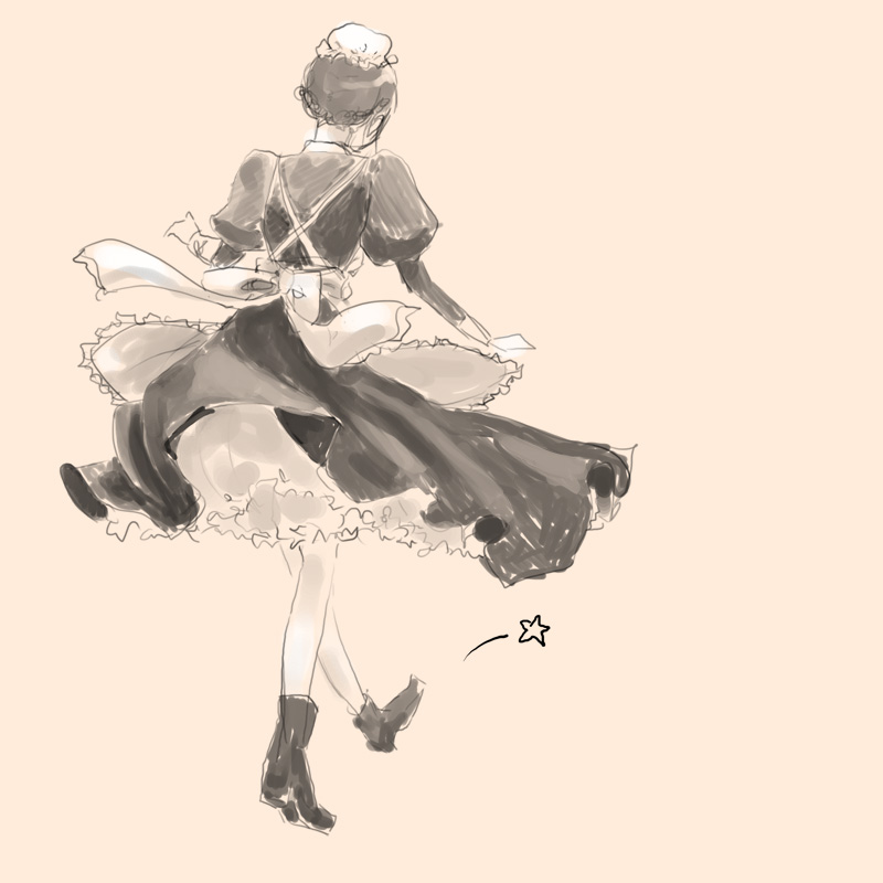 onohana, sepia background, bad id, bad pixiv id, 1girl, apron, female focus, from behind, hair bun, maid, maid apron, puffy sleeves, shoes, short hair, single hair bun, solo, star (symbol), walking