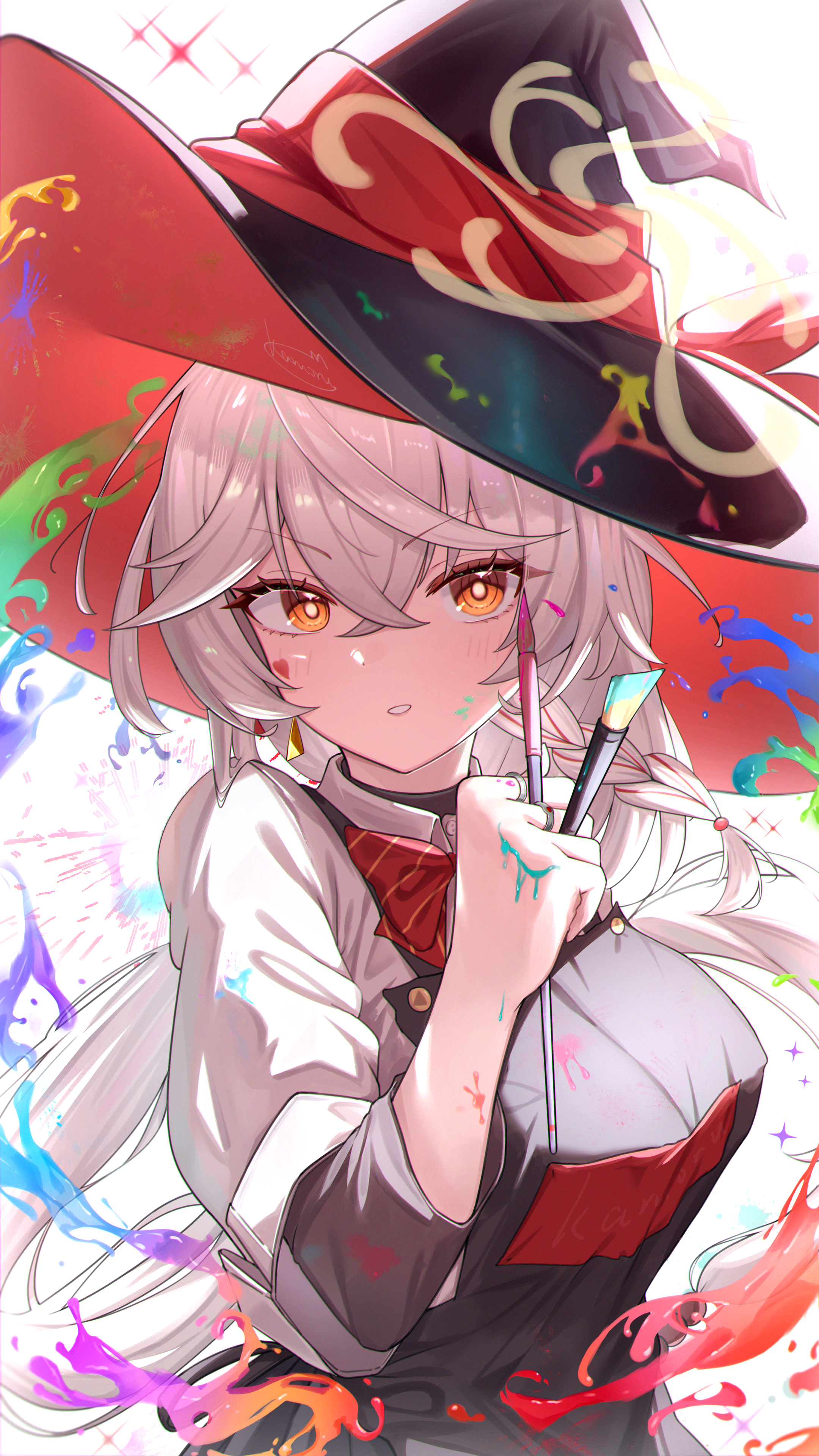 kamory, eri (blue archive), blue archive, absurdres, commentary, highres, 1girl, apron, black apron, black hat, bow, bowtie, braid, collared shirt, halo, hat, holding, holding paintbrush, light blush, orange eyes, paint, paintbrush, parted lips, ponytail, red bow, red bowtie, shirt, side braid, simple background, single braid, solo, white background, white hair, white shirt, wizard hat, yellow halo