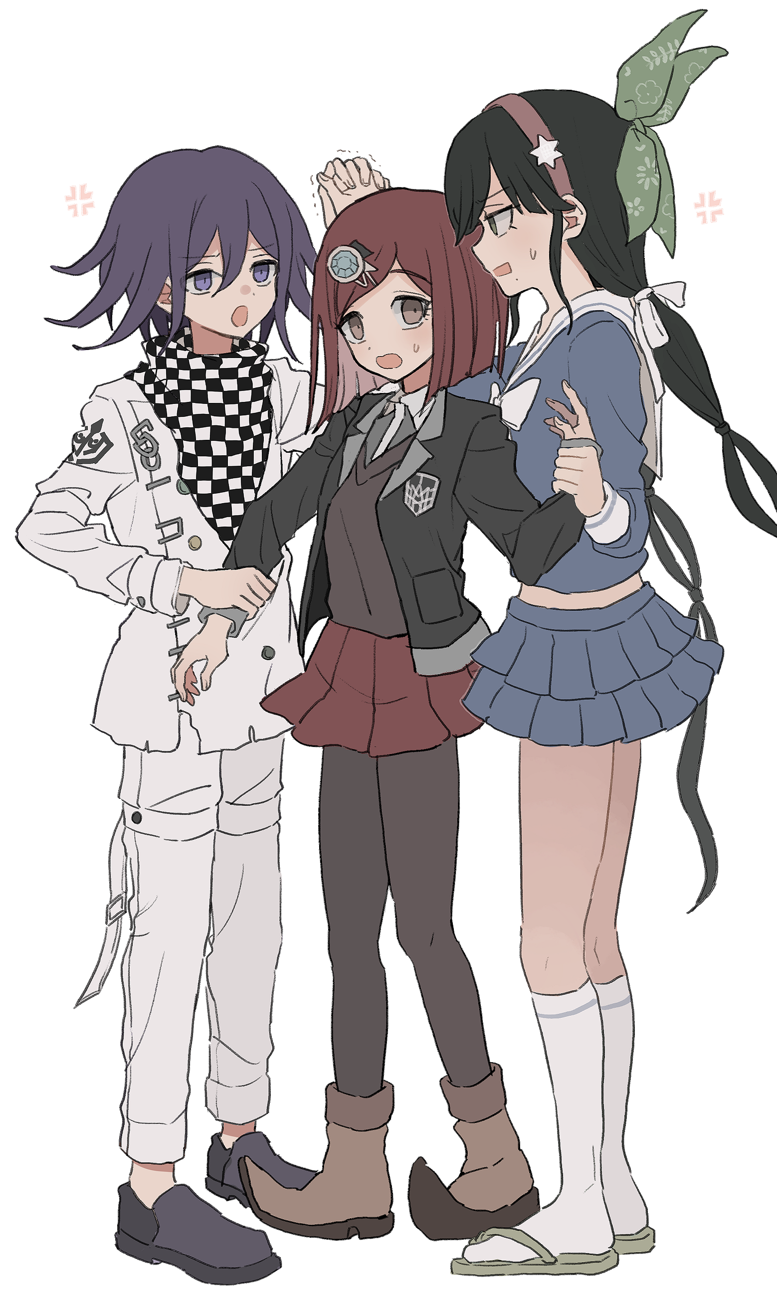 xiao (grsnss25), chabashira tenko, oma kokichi, yumeno himiko, danganronpa (series), danganronpa v3: killing harmony, absurdres, highres, 1boy, 2girls, anger vein, arguing, black hair, black jacket, blush, brown vest, buttons, checkered clothes, checkered scarf, collared jacket, collared shirt, flipped hair, full body, gem hair ornament, green eyes, hair between eyes, hair ornament, hair ribbon, hairband, holding another's wrist, holding hands, jacket, jealous, kneehighs, layered skirt, long hair, long sleeves, mole, mole under mouth, multiple girls, open mouth, pants, pantyhose, pink hairband, pleated skirt, pointy boots, purple eyes, purple hair, red eyes, red hair, red skirt, ribbon, sailor collar, scarf, school uniform, shirt, short hair, simple background, skirt, socks, standing, sweatdrop, trembling, twintails, two-tone scarf, vest, white background