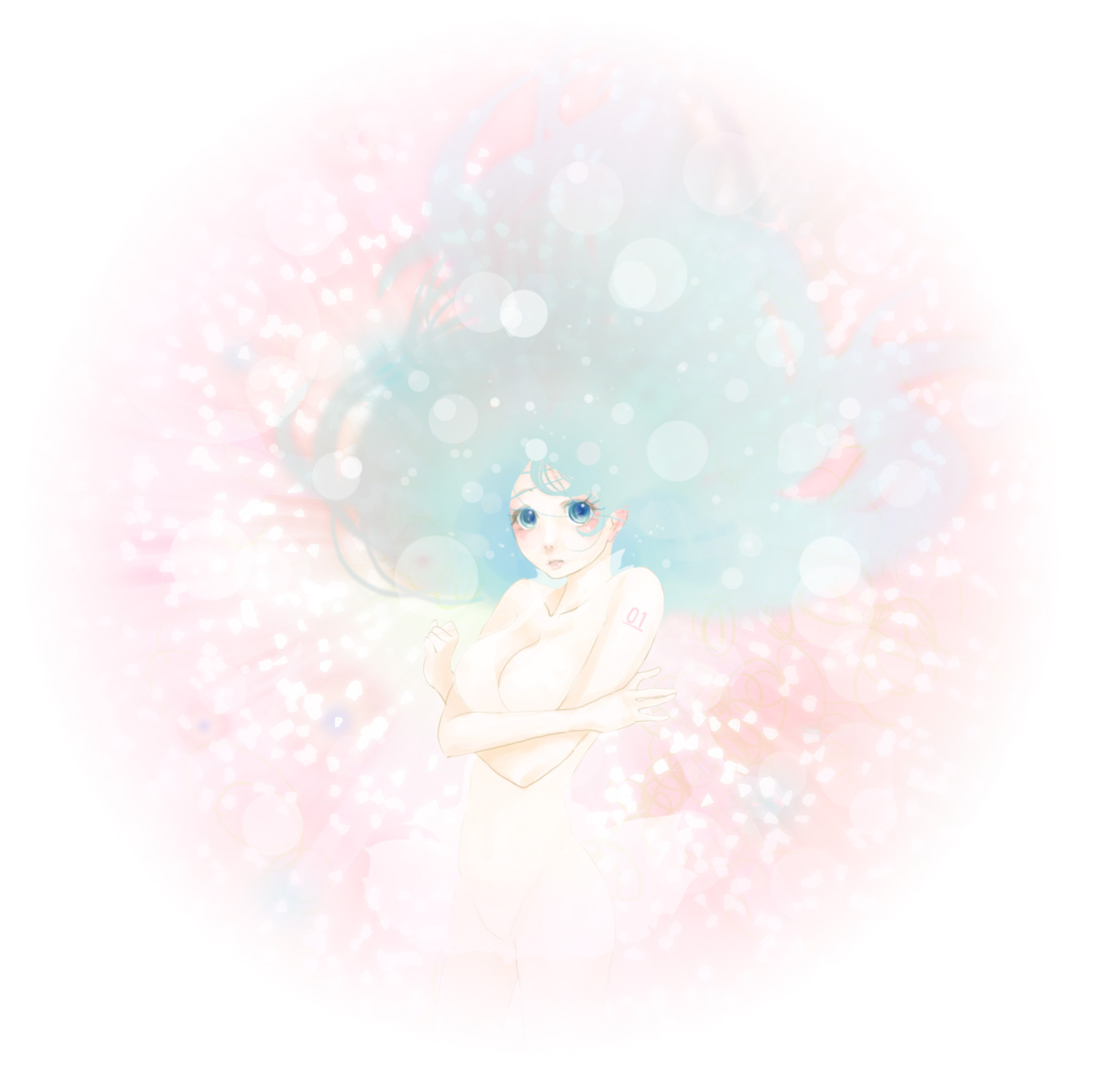 onohana, hatsune miku, cencoroll, vocaloid, breast hold, bad id, bad pixiv id, highres, 1girl, alternate costume, alternate hairstyle, aqua hair, blue eyes, blue hair, blurry, bokeh, breasts, cleavage, closed mouth, collarbone, depth of field, dress, eyelashes, female focus, floating hair, frown, hair down, halterneck, large breasts, long hair, looking at viewer, matching hair/eyes, self hug, sleeveless, sleeveless dress, solo, tattoo, upper body, white dress