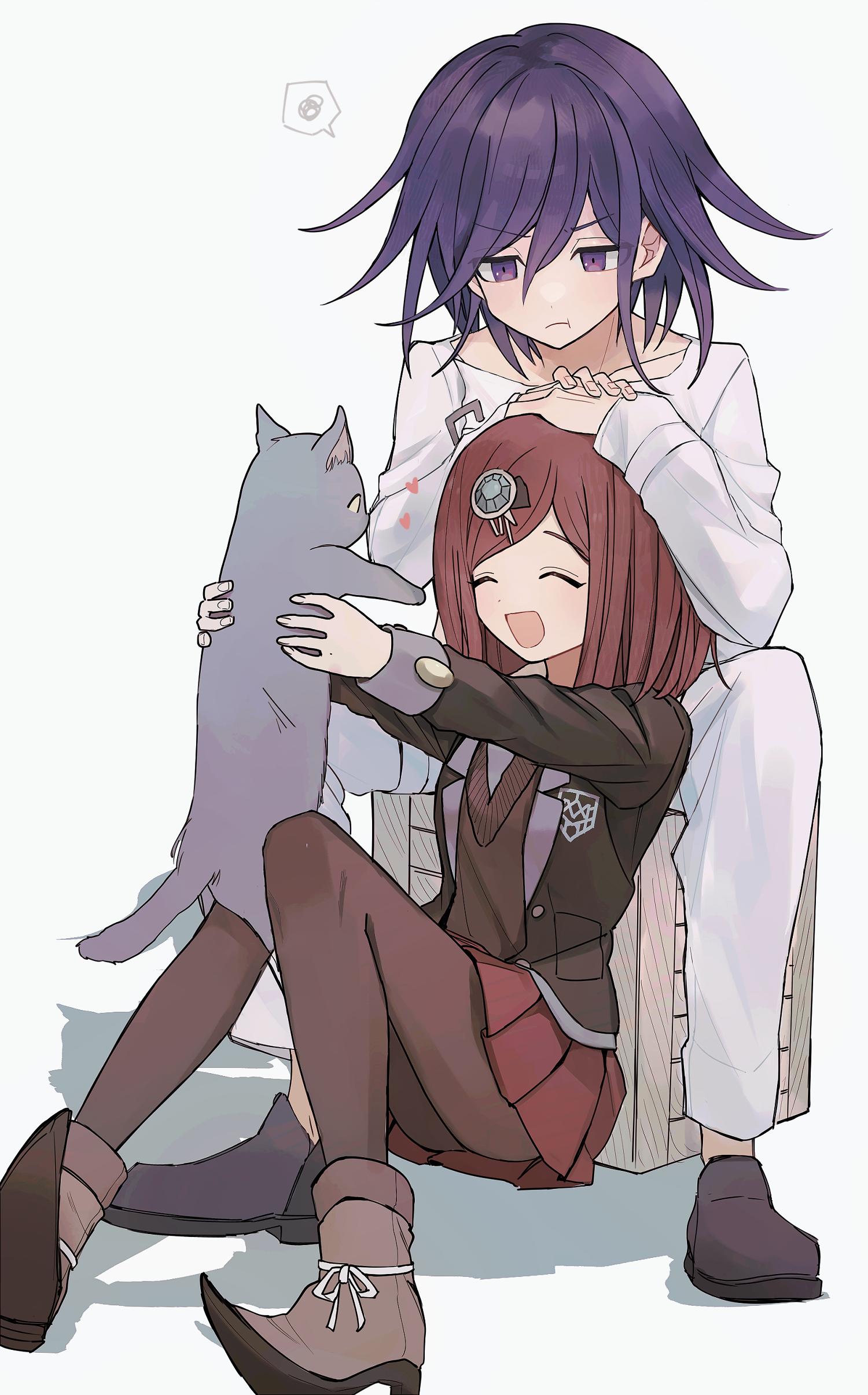 xiao (grsnss25), oma kokichi, yumeno himiko, danganronpa (series), danganronpa v3: killing harmony, absurdres, highres, 1boy, 1girl, animal, between legs, black jacket, blush, box, brown vest, cat, closed eyes, collared jacket, collared shirt, flipped hair, gem hair ornament, grey cat, hair between eyes, hair ornament, hands on another's head, happy, heart, holding, holding animal, holding cat, jacket, knees up, long sleeves, medium hair, no headwear, no scarf, open mouth, pants, pantyhose, pleated skirt, pointy boots, pout, purple eyes, purple hair, red hair, red skirt, school uniform, shirt, short hair, simple background, sitting, skirt, smile, spoken squiggle, squiggle, vest, white background
