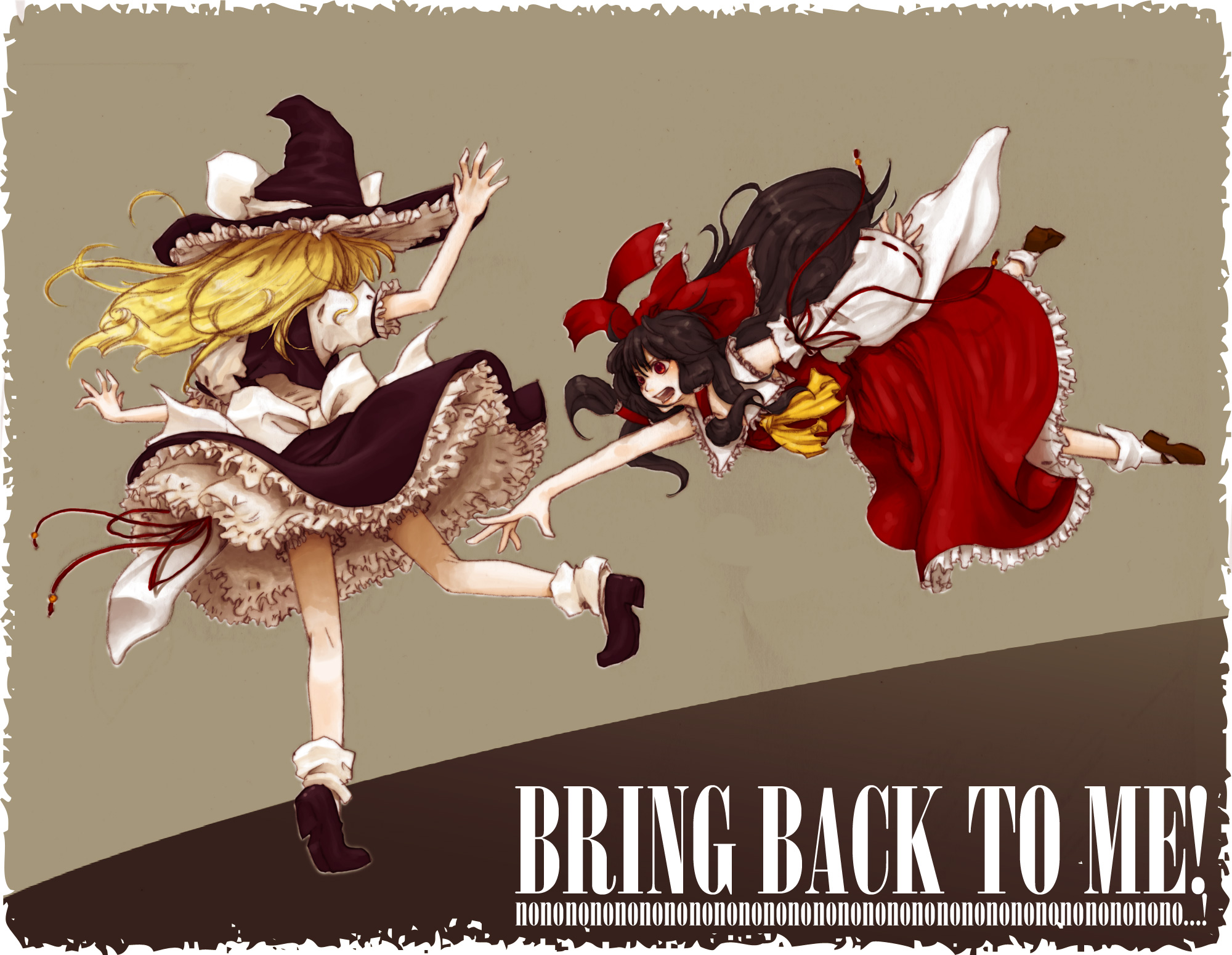 onohana, hakurei reimu, kirisame marisa, touhou, bad id, bad pixiv id, highres, 2girls, black hair, blonde hair, dress, female focus, frills, gathers, hat, japanese clothes, miko, multiple girls, red eyes, ribbon, socks, witch, witch hat