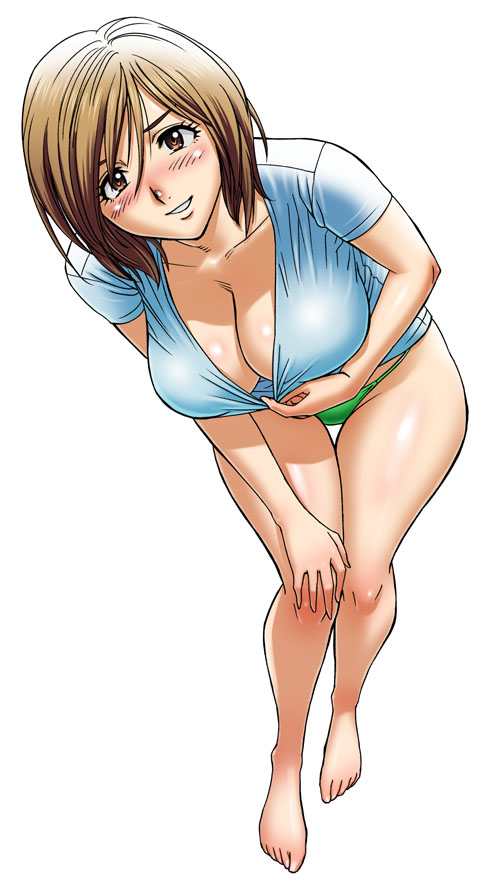 tatsunami youtoku, original, 1girl, barefoot, blush, breasts, cleavage, clothes pull, curvy, downblouse, feet, female focus, large breasts, legs, looking at viewer, mature female, panties, shirt pull, short hair, side-tie panties, simple background, solo, underwear