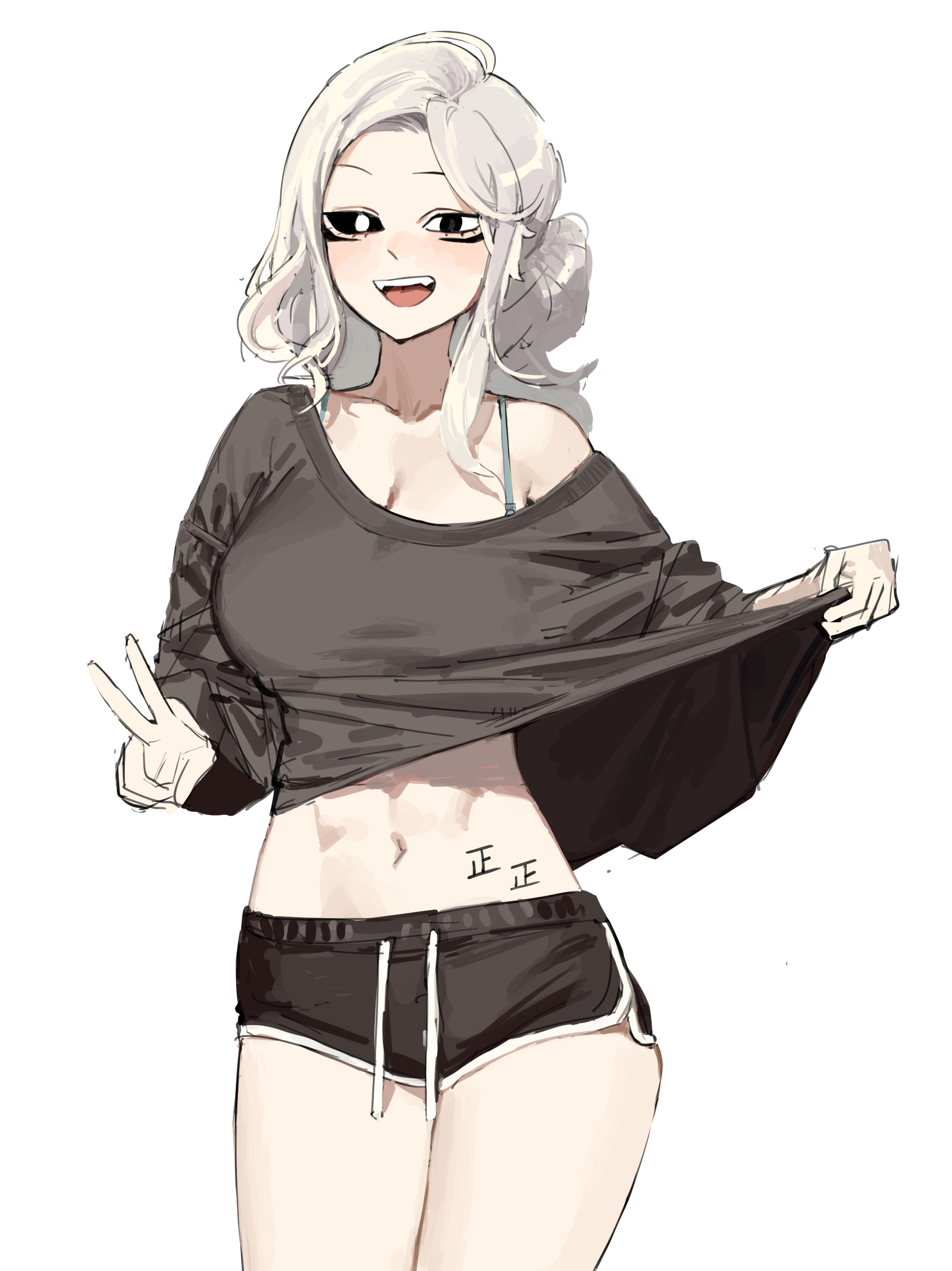 ganggohan, shady research report, absurdres, highres, 1girl, :d, abs, black sclera, blush, body writing, bra strap, breasts, bright pupils, cleavage, clothes lift, colored sclera, cowboy shot, dolphin shorts, facial mark, genderswap, genderswap (mtf), heterochromia, jin ryongyong, large breasts, long hair, navel, open mouth, shirt lift, shorts, simple background, single off shoulder, smile, solo, tally, v, white background, white hair, white pupils