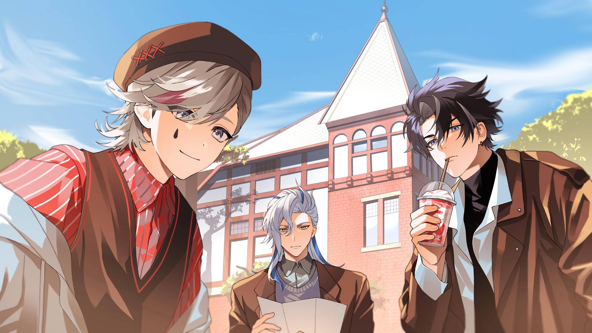 sriokorr, lyney (genshin impact), neuvillette (genshin impact), wriothesley (genshin impact), genshin impact, highres, 3boys, alternate costume, alternate ears, beret, black hair, black shirt, blonde hair, blue hair, brown hat, brown vest, closed mouth, cup, disposable cup, drinking straw, facial mark, grey eyes, grey hair, grey shirt, guest art, hat, holding, holding cup, jacket, long hair, long sleeves, looking at viewer, male focus, multicolored hair, multiple boys, open clothes, open jacket, red hair, red shirt, shirt, short hair, smile, streaked hair, teardrop facial mark, vest, white hair, white jacket