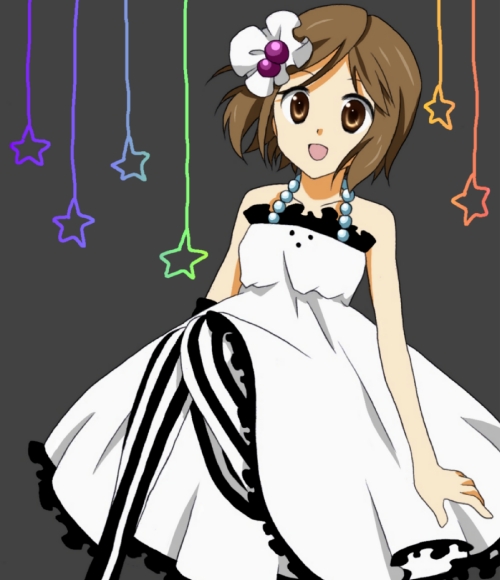 usako, hirasawa yui, don't say "lazy", k-on!, bad id, bad pixiv id, 00s, 1girl, :d, bare shoulders, black & white, bow, brown eyes, brown hair, dress, female focus, hair bow, open mouth, pantyhose, patterned legwear, smile, solo, star (symbol), striped clothes, striped pantyhose, vertical-striped clothes, vertical-striped pantyhose, white dress