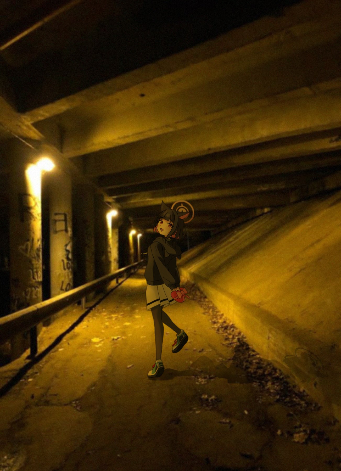 kazusa (blue archive), blue archive, commentary request, highres, 1girl, :d, animal ear hood, arms behind back, black hair, black jacket, black pantyhose, blue shoes, box, cat girl, cat tail, fake animal ears, from behind, full body, halo, heart-shaped box, holding, holding box, hood, hood down, hooded jacket, jacket, leg up, long sleeves, looking at viewer, looking back, miniskirt, night, open mouth, outdoors, pantyhose, photo background, pink hair, pink halo, pleated skirt, puffy long sleeves, puffy sleeves, red eyes, shoes, short hair, skirt, smile, sneakers, solo, tail, tjhyn 06, white skirt