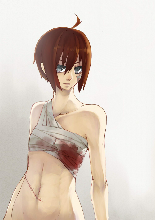 chito04, original, bad id, bad pixiv id, ahoge, bandages, blood, bottomless, brown hair, sarashi, scar, short hair, solo