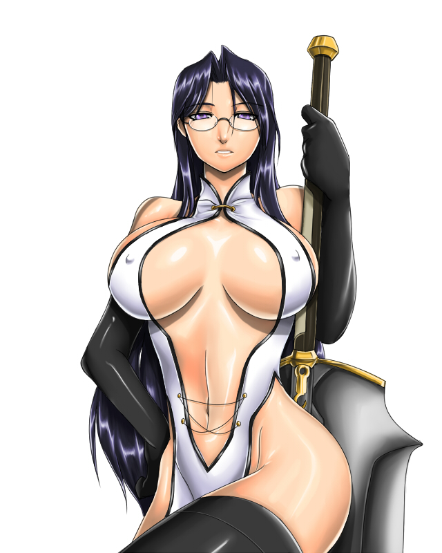 judge martin, original, 1girl, breasts, cleavage, covered erect nipples, curvy, female focus, glasses, huge breasts, huge weapon, latex, leather, long hair, purple eyes, purple hair, revealing clothes, solo, sword, thighhighs, weapon, wide hips