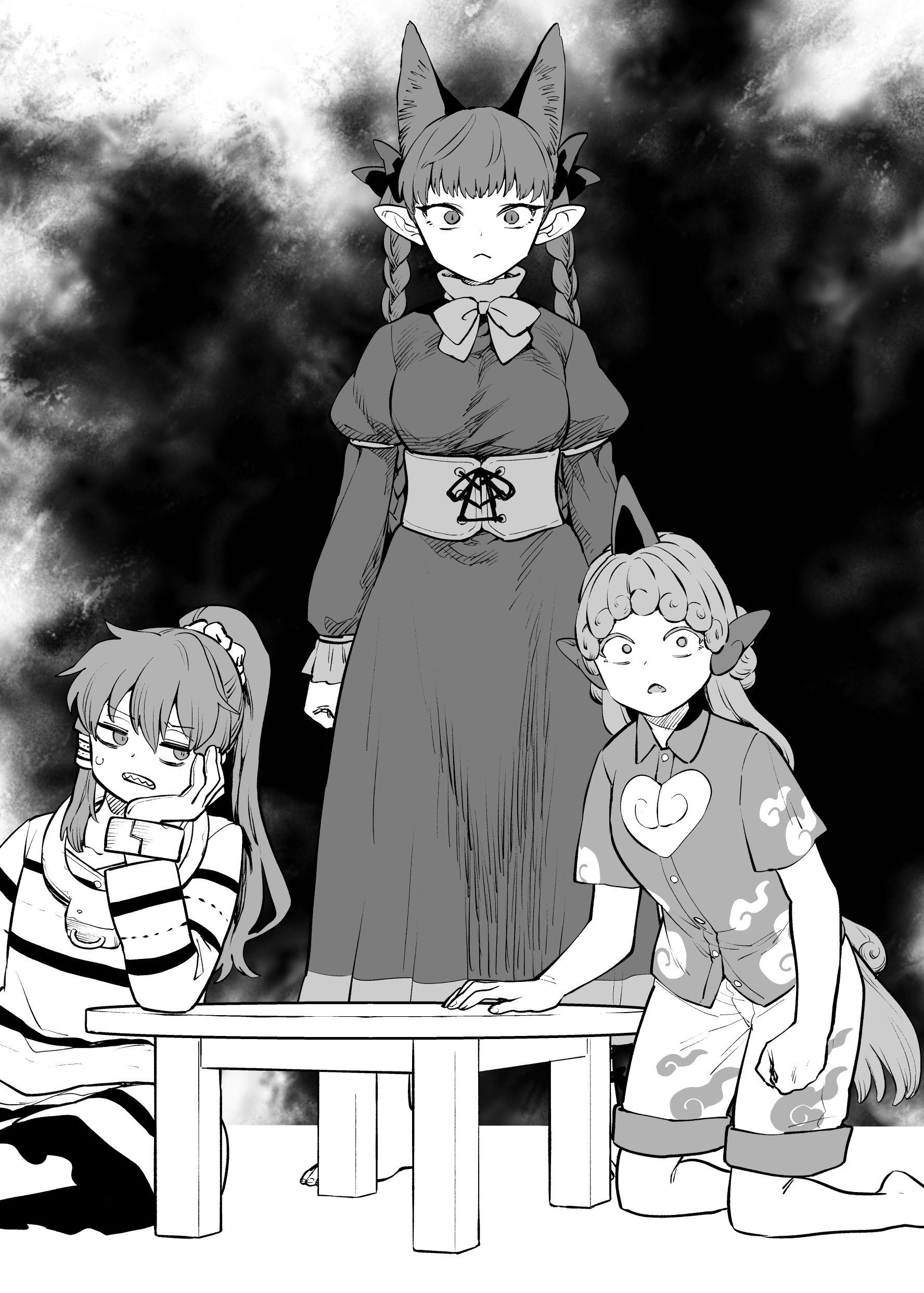 fuuzasa, kaenbyou rin, komano aunn, miyadeguchi mizuchi, touhou, absurdres, commentary request, highres, 3girls, :<, animal ear fluff, animal ears, arms at sides, barefoot, black background, bow, bowtie, braid, cat ears, cat girl, clenched hands, cloud print, collared shirt, constricted pupils, corset, cross-laced clothes, cross-laced corset, cuffs, curly hair, dark background, dot nose, dress, elbow on table, fang, feet out of frame, frilled sleeves, frills, full body, greyscale, hair between eyes, hair bow, hair tubes, hand on table, head rest, heart, heart print, high collar, high ponytail, horns, indian style, jealous, jitome, juliet sleeves, kariyushi shirt, kneeling, komainu ears, komainu girl, leaning on table, long dress, long hair, long sleeves, looking at viewer, looking to the side, monochrome, multiple girls, multiple hair bows, nervous, on floor, open mouth, pointy ears, ponytail, prison clothes, puffy sleeves, shackles, sharp teeth, shirt, short sleeves, shorts, single hair tube, single horn, sitting, skirt, skirt set, sleeve cuffs, slit pupils, standing, striped clothes, striped shirt, striped skirt, sweatdrop, table, teeth, tsurime, twin braids, two-tone background, white background, wide-eyed