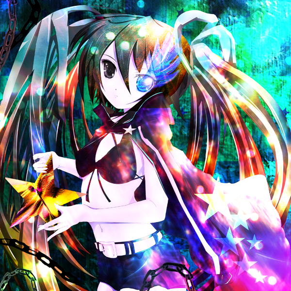 teruru, black rock shooter (character), black rock shooter, 10s, belt, bikini, bikini top only, chain, long hair, midriff, navel, solo, swimsuit, twintails