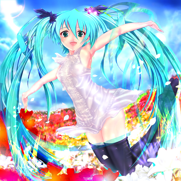 teruru, hatsune miku, vocaloid, world is mine (vocaloid), aqua eyes, aqua hair, flower, long hair, solo, thighhighs, twintails, very long hair