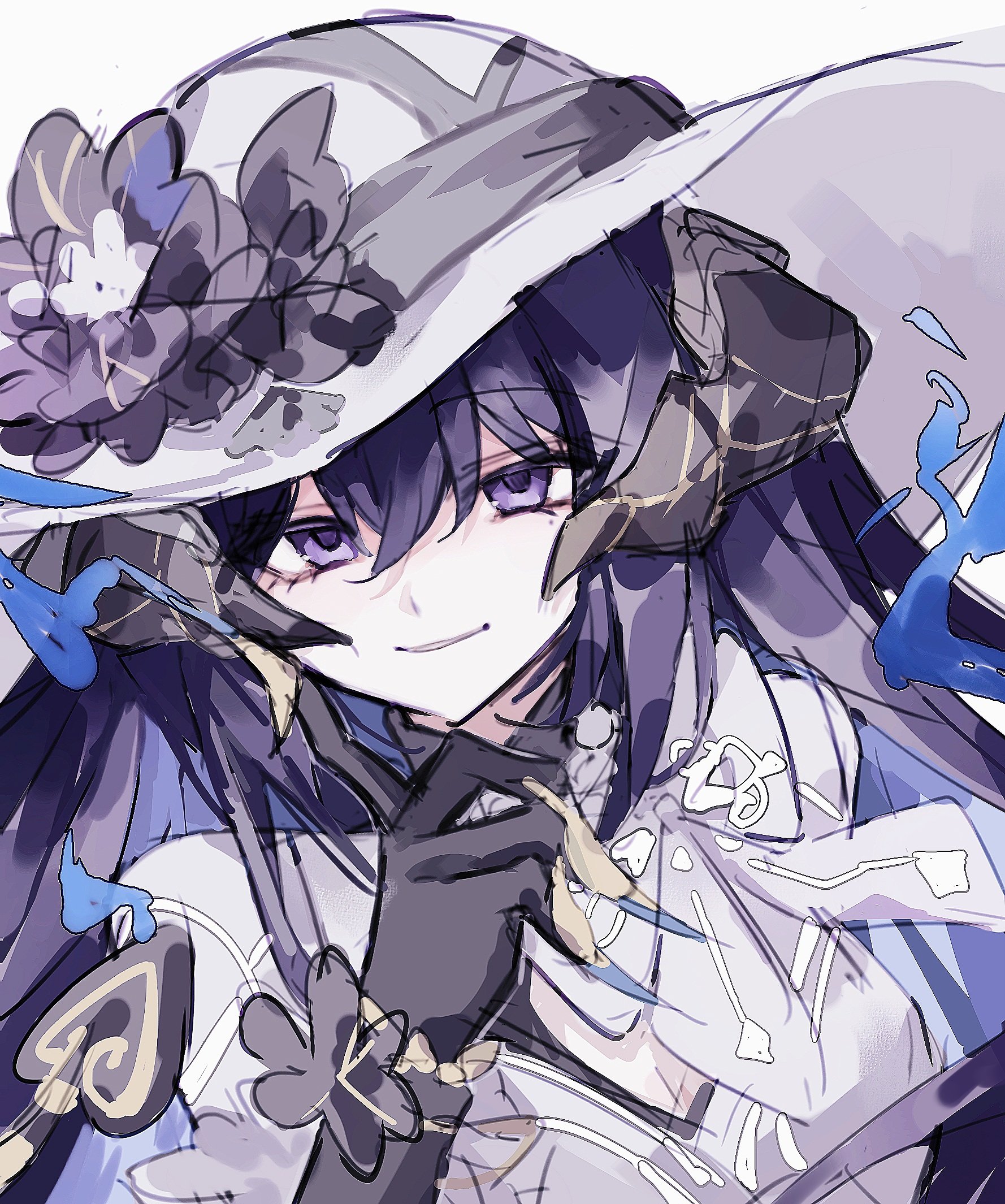 nekooooowo, constance (honkai: star rail), honkai: star rail, honkai (series), commentary, hashtag-only commentary, highres, 1girl, black flower, black hair, blue fire, claws, crack, dress, fire, flower, gloves, hat, hat flower, horns, long hair, mole, mole under eye, purple eyes, smile, sun hat, white dress