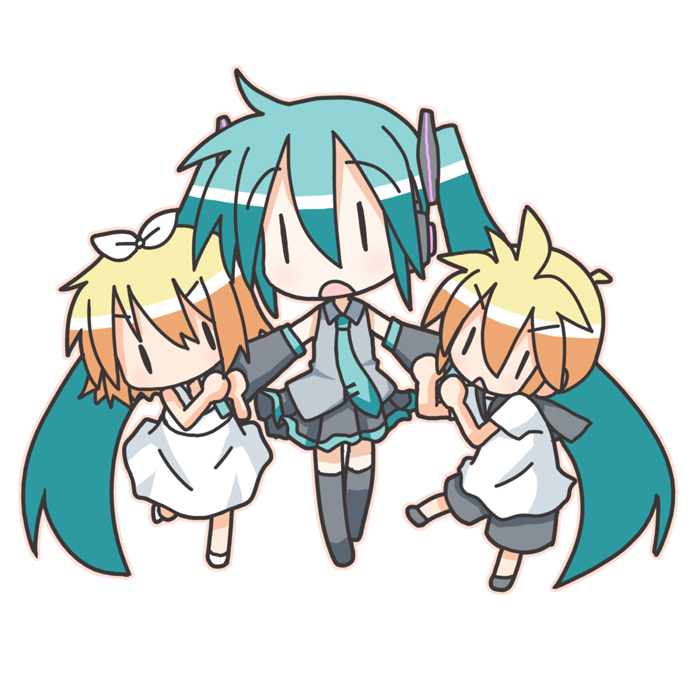 minami (colorful palette), hatsune miku, kagamine len, kagamine rin, kagamine rin (roshin yuukai), roshin yuukai (vocaloid), vocaloid, 1boy, 2girls, aged down, aqua hair, chibi, multiple girls, thighhighs, twintails, | |