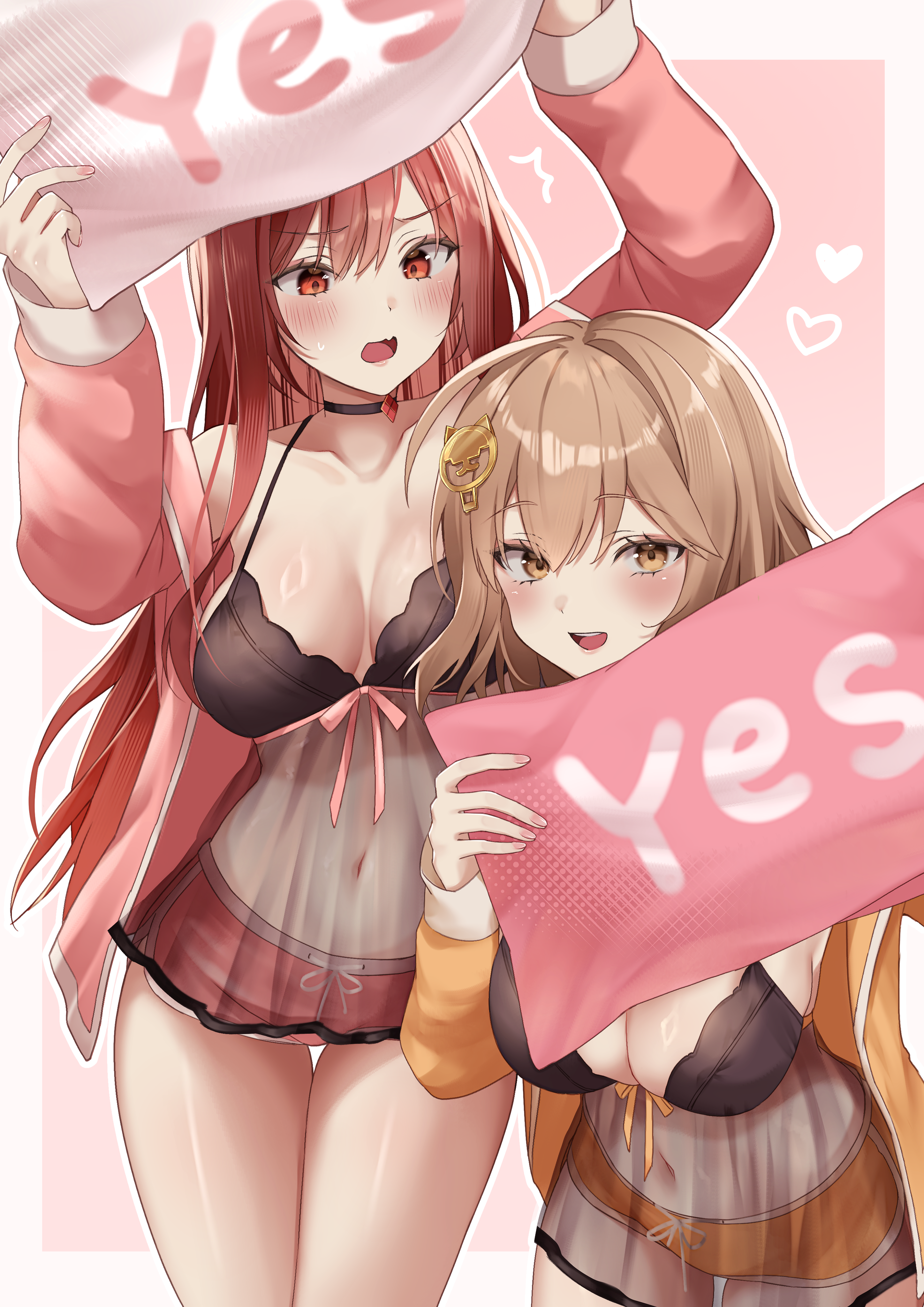 nigi (ngmnoym), anis (nikke), rapi (nikke), rapi (red hood) (nikke), goddess of victory: nikke, absurdres, commentary request, highres, 2girls, ahoge, alternate costume, arms up, babydoll, black babydoll, black bra, black choker, blush, bra, breasts, brown eyes, choker, cleavage, holding, holding pillow, jacket, large breasts, long hair, looking at viewer, multiple girls, navel, open clothes, open jacket, open mouth, orange jacket, orange shorts, pillow, pink jacket, pink shorts, red eyes, red hair, see-through clothes, short hair, shorts, smile, thighs, underwear, yes-no pillow