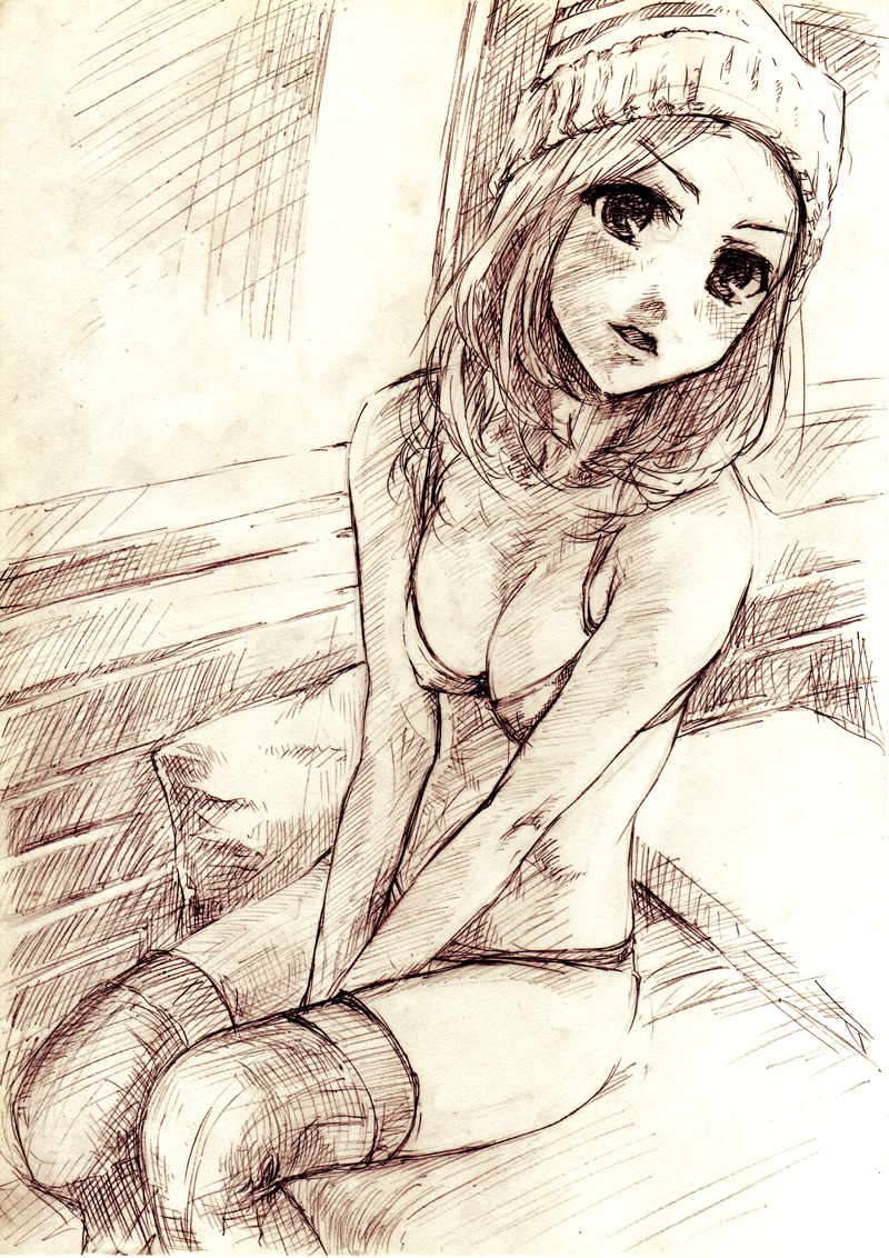 pino (birthdayparty), pino (pixiv), 1girl, bed, blush, bra, breasts, cleavage, female focus, hat, large breasts, lingerie, monochrome, panties, sepia, sitting, solo, thighhighs, underwear, underwear only