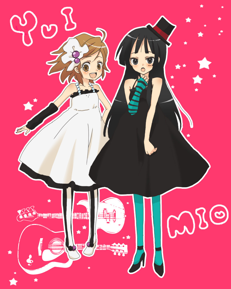 hoshino (d-magic), hoshino (nia hoshino), akiyama mio, hirasawa yui, don't say "lazy", k-on!, striped legwear, vertical-striped legwear, 00s, 2girls, :d, :o, band (music), bass guitar, black hair, blue pantyhose, blunt bangs, bow, brown hair, dress, guitar, hair bow, hat, hime cut, instrument, mini hat, mini top hat, multiple girls, open mouth, pantyhose, smile, striped clothes, striped pantyhose, top hat, vertical-striped clothes, vertical-striped pantyhose