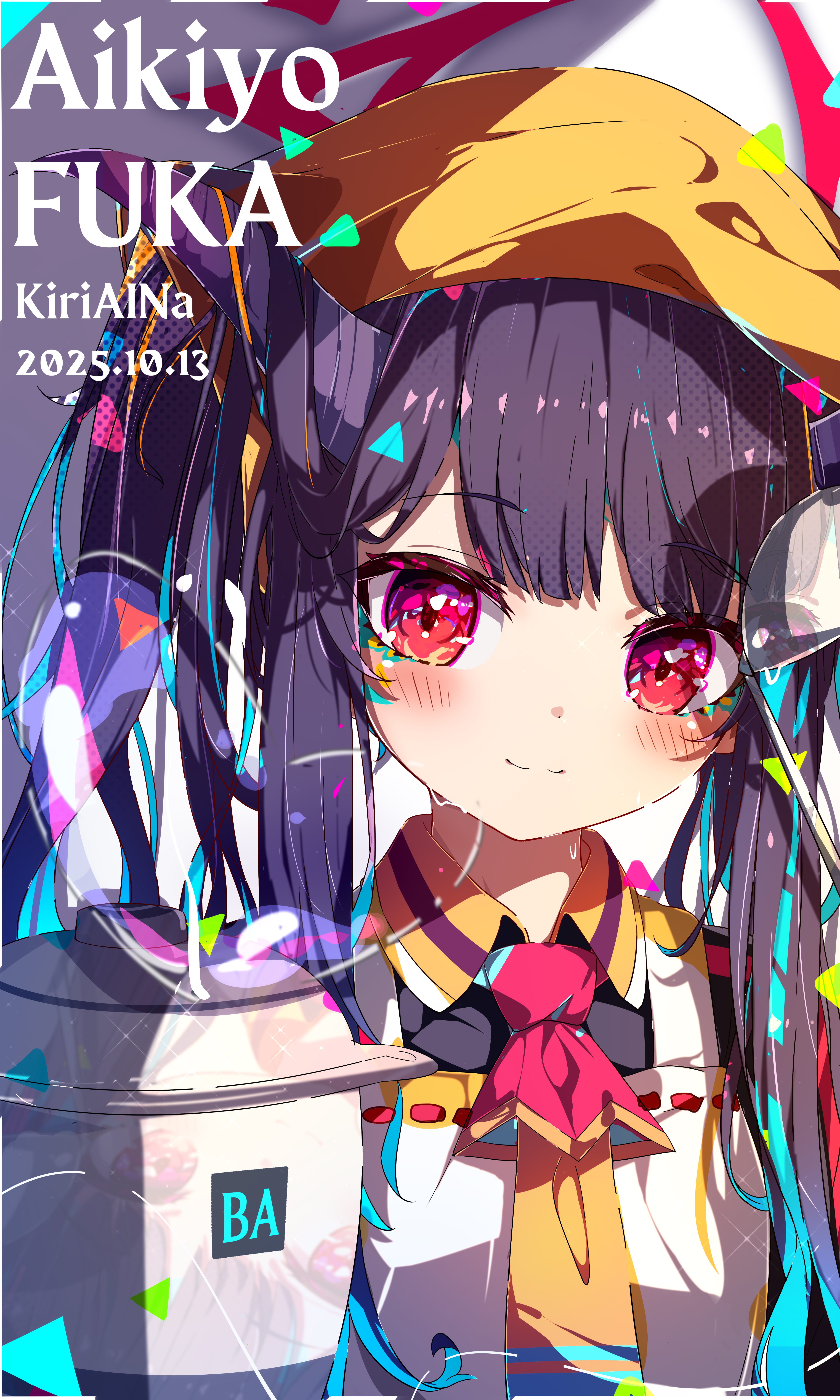 kiriaina, fuuka (blue archive), blue archive, absurdres, commentary request, highres, 1girl, artist name, black hair, black horns, black shirt, blunt bangs, blush, character name, closed mouth, collared shirt, dated, hair on horn, hat, horns, long hair, necktie, portrait, red eyes, shirt, simple background, smile, solo, vest, white background, white vest, yellow hat, yellow necktie